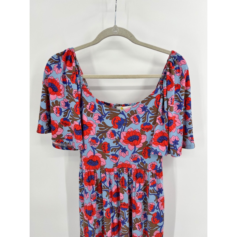 Boden Amelie Jersey Midi Dress Blue Red Floral Flutter Sleeve Pockets US 10R - Picture 2 of 9